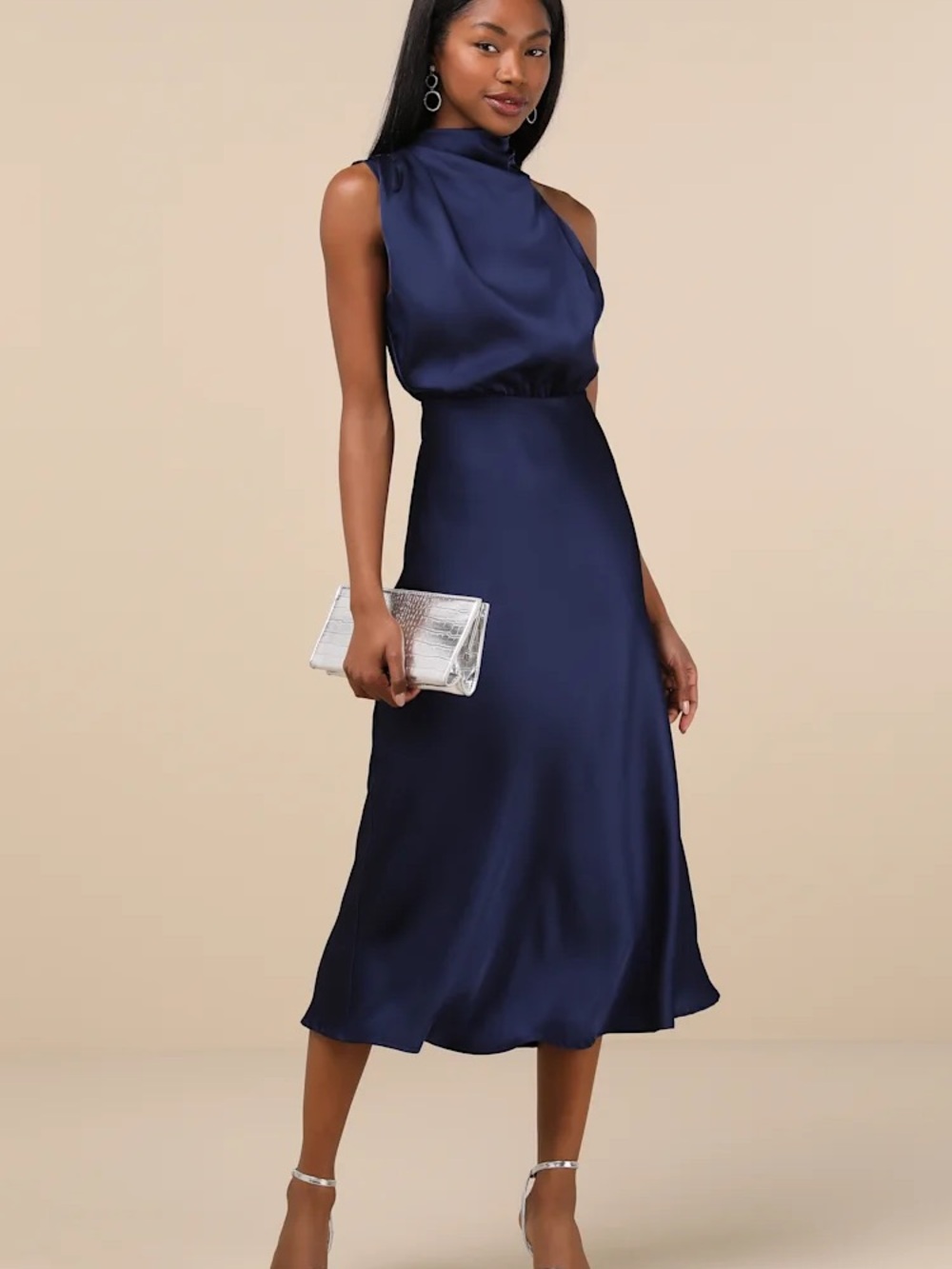Lulu's Navy Satin High-Neck Midi Dress